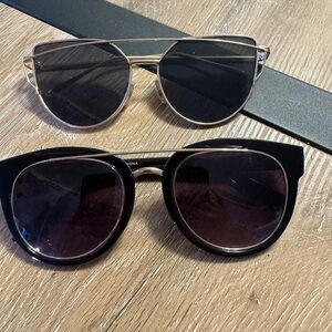 2 pairs of funky summer sunglasses. One plastic frame, one metal frame.